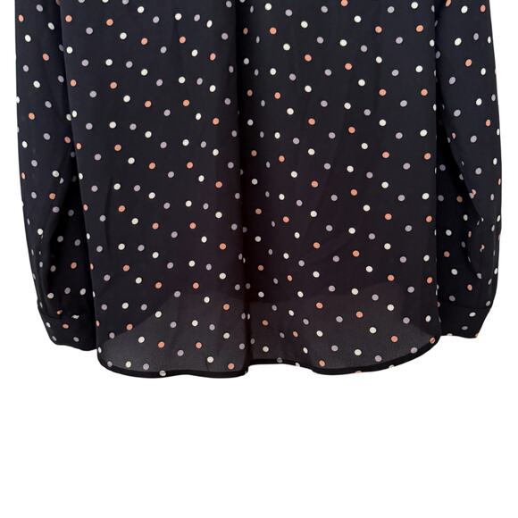 PLEIONE Navy Blue Polka Dot Deep V Neck Open Ruched Long Sleeve Sheer Blouse - Picture 6 of 7